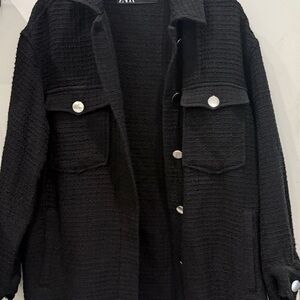 ZARA Tweed Oversized Shacket Jacket Textured Frayed Black w/Silver Buttons Med
